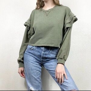 Olive Green Cropped Ruffle-Sleeve Sweatshirt Size: XS